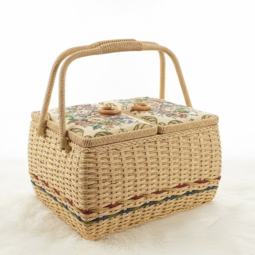 VINTAGE SEWING KIT BASKET Floral Embroidered Tapestry Wicker ANTIQUE COTTAGECORE